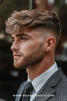 Side view of a man with a textured fringe haircut and a neatly groomed beard. This short hairstyle is ideal for men with round faces, as the textured top adds volume and height while the tapered sides create a more defined and elongated look. Perfect for balancing facial features. Textured Fringe Boys Haircut, Heart Shaped Face Hairstyles Men, Texture Fringe Haircut Men, Mens Haircut Long On Top Short On Sides, Textured Fringe Haircut Men, Fringe Hairstyles Round Face, Textured Fringe Men, Men With Round Faces, Short Sides Haircut