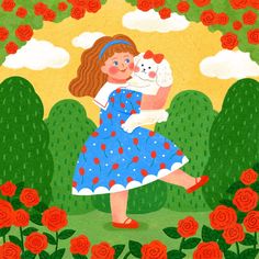 a painting of a girl holding a dog in a garden with roses on the ground