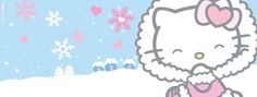 an image of hello kitty in spanish with snowflakes on the ground and trees