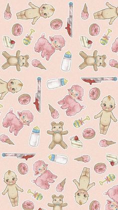 a pink wallpaper with teddy bears and other items on it, all in pastel colors