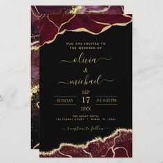 an elegant burgundy and gold wedding card