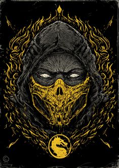 a black and yellow poster with a skull wearing a hoodie on it's face