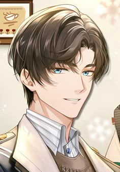 an anime character with brown hair and blue eyes wearing a white shirt is looking at the camera