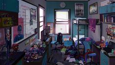 a room filled with lots of clutter next to a window covered in spiderman posters