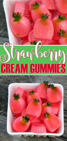 strawberry cream gummies in a white bowl on a wooden table with text overlay