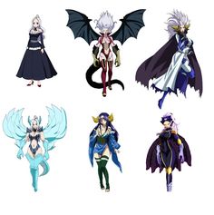 four different anime characters with wings on their shoulders and arms, all dressed in various outfits