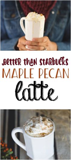 two photos with the words better than starbucks's maple pecan latte on them