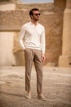 #oldmoneyaesthetic #summerstyle #menstyle #mensweaters White Polo Long Sleeves Outfit Men, Mens Italian Fashion, Green Linen Trousers, Pini Parma, Italian Mens Fashion, Smart Casual Dress Code, Dress Code Casual, Smart Casual Dress, Beige Suits