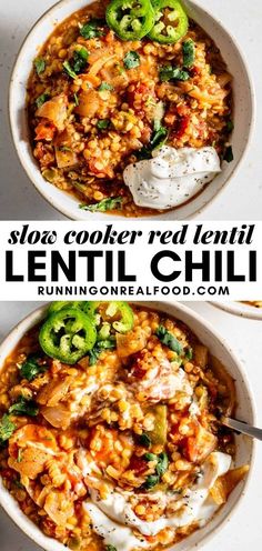 two bowls filled with lentil chili and topped with sour cream