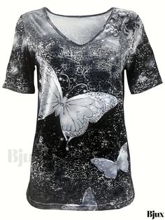 Bjux - Butterfly Graphic Print V-Neck T-Shirt - Elegant Casual Loose Short Sleeve Summer Top for Women Stretch V-neck Top With Graphic Print, Stretch V-neck Tops With Graphic Print, Casual V-neck Top With Butterfly Print, Fitted Short Sleeve Top With Butterfly Print, Casual V-neck Butterfly Print Tops, Shirt Elegant, Butterfly Graphic, Elegant Casual, Loose Shorts