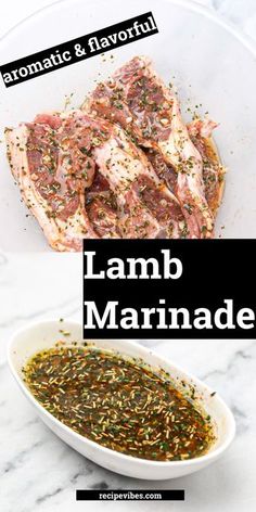 lamb marinade in a white bowl on a marble counter top with text overlay that reads, organic & flavorful lamb marinade