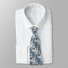 Dusty Blue And Grey Floral Father of the Bride Neck Tie, Adult Unisex, Size: Large, Azure / Floral White / Pale Blue Horse's Neck, Violet Wedding, Light Steel Blue, Baroque Pattern, Largemouth Bass, Silver Tree, Wedding Ties, Floral White, Suit Accessories