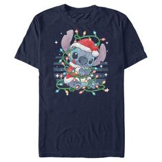 Ohana means family, and that means no tee gets left behind for Christmas with this officially licensed Disney Lilo & Stitch Playing with Lights Men's T-Shirt! This festive Men's design features an adorable Stitch trying to untangle himself from colorful Christmas lights while bright stars surround him. Your popularity will skyrocket once you wear this garment, so grab this new graphic tee for the holiday season and celebrate Christmas with style! Stitch Lilo And Stitch, Lilo And Stitch Shirt, Colorful Christmas Lights, Lilo And Stitch Merchandise, Santa Outfit, Ohana Means Family, Cute Stitch, Stitch Shirt, Large Clothes