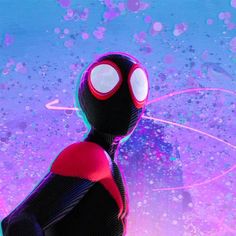 spider - man into the spider - verse is shown in front of a purple and blue background