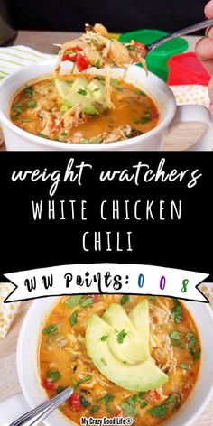 two bowls of white chicken chili with avocado on top and the words weight watchers