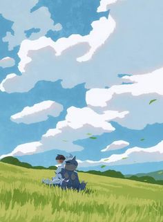 two people sitting in the middle of a grassy field under a blue sky with clouds