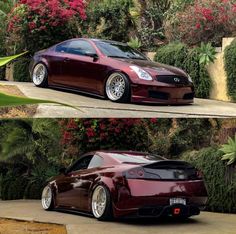 two pictures of a maroon sports car parked in front of some bushes and trees with red flowers