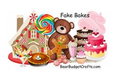 a teddy bear sitting in front of some cakes and desserts with the words fake bakes above it