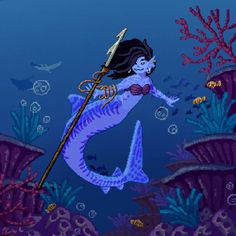 an animated mermaid with a spear in her hand