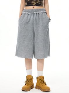 Casual Low-Waist Wide-Leg Shorts With Loose Fit, Street Style Light Grey Casual   Knitted Fabric Plain,Camo Bermuda Non-Stretch  Women Clothing, size features are:Bust: ,Length: ,Sleeve Length: Casual Baggy Knee-length Pants, Casual Solid Knee-length Pants, Casual Knee-length Pants, Stretch Solid Color Short Leg Bottoms, Casual Solid Knee-length Bottoms, Casual Knee-length Solid Bottoms, Casual Knee-length Bottoms With Pockets, Solid Color Cotton Knee-length Shorts, Stretch Knee-length Shorts With Pockets