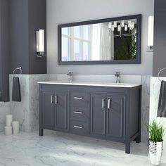 a bathroom with two sinks and a large mirror over the bathtub is shown in this image