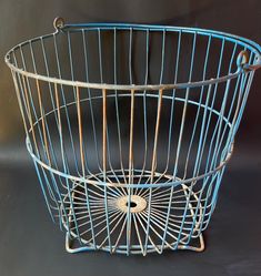 a blue wire basket on a black background