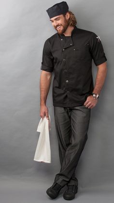 The stylish Industry Line Men's Asymmetrical 3/4 Rolled-Up Sleeves Chef Coat features an asymmetrical snap closure and back mesh panels for added comfort. This classic fit chef coat also includes a chest pocket, back yoke details, and a 2-piece executive back with a vent for breathability Chef Uniform Design Men