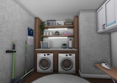 a small room with a washer and dryer in it, next to a desk