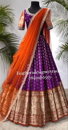 Unique Half Saree Designs, Half Saree Lehenga Purple Colour, Half Saree Simple Traditional, Orange And Purple Lehenga, Blouse Ideas For Half Saree, Purple Half Saree South Indian, Half Saree Designs South Indian Pattu, Combination With Purple Lehnga