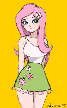 a drawing of a girl with pink hair wearing a green skirt and white tank top