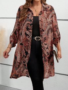 Plus Size Chiffon Printed Open-Front Long Shirt Fall Women Clothes Multicolor Boho  Wrist-Length Sleeve Chiffon Paisley,Plain Shirt Non-Stretch  Women Plus Clothing, size features are:Bust: ,Length: ,Sleeve Length: Casual Chiffon Blouse For Fall, Casual Open Front Blouse For Fall, Long Sleeve Chiffon Blouse For The Beach, Chiffon Beach Blouse For Fall, Bohemian Chiffon Tops For Fall, Multicolor Long Sleeve Chiffon Blouse, Multicolor Chiffon Long Sleeve Blouse, Bohemian Long Sleeve Chiffon Blouse, Accessory Ideas