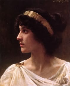 a painting of a woman wearing a gold headband and white dress with black hair