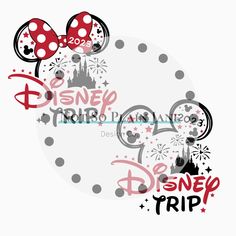 the disney world logo with mickey mouse ears and fireworks in the background, as well as disneyland