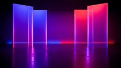 an image of three doors that are in the middle of a room with neon lights