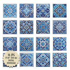 blue and white tiles with different designs on them, including one for each tile pattern