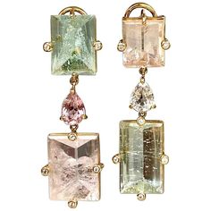 18 Karat Yellow Gold Mirror Cut Beryl Morganite Sapphire Diamond Drop Earrings For Sale | morganite jewelry Gold Gem Jewelry, Luxury Elegant Faceted Earrings, Beryl Jewelry, Pastel Jewelry, Morganite Jewelry, Roman Jewelry, Gemstone Earrings Gold, Pastel Shades, Diamond Drops