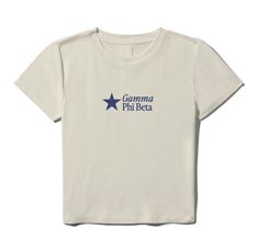 a white t - shirt with the words gamma phi beta on it and a blue star