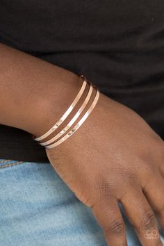 Flat rose gold bars race across the wrist, coalescing into a sleek cuff for a casual look.

 Sold as one individual bracelet. Rose Gold Cuff Bracelet, Rose Gold Bar, Nickel Free Jewelry, Jewelry Catalog, Gold Cuffs, Rose Gold Bracelet, Gold Bar, Holiday Jewelry, Paparazzi Accessories