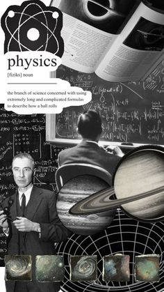 a man standing in front of a black and white photo with the words physics on it