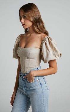 Estella Top - Puff Sleeve Corset Bustier Top in Sand | Showpo USA Corset Bustier Top, Brock Collection, Corset Bustier, Square Neck Top, Bustier Top, Puff Sleeve Top, Corset Top, Cute Tops, Aesthetic Clothes