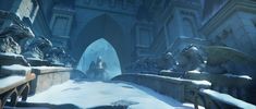 an animated scene of a snowy city with statues and archways in the foreground