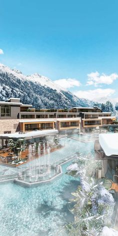 an artist's rendering of a resort surrounded by mountains and snow - capped trees