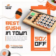 an advertisement for sushi in town with sushi and chopsticks on it