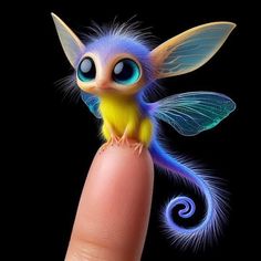 a tiny blue and yellow bird sitting on top of a finger with its eyes wide open