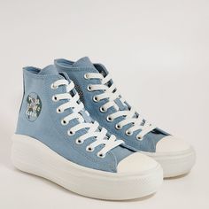 Converse Chuck Taylor All Star Move Hi High Top Floral Embroidery Peace Love Earth Cocoon Blue / Egret / Pale Magma Women's Lift Platform Sneakers / Boots A08194c Nwt Brand: Converse Model: Chuck Taylor All Star Move Hi Style Code: A08194c Color: Cocoon Blue / Egret / Pale Magma Gender: Women's Size Guide: Us Women's 5 / Uk 3 / Eur 35 / Cm 22 Us Women's 7.5 / Uk 5.5 / Eur 38 / Cm 24.5 Peace, Love, Converse Give Yourself A Boost Of Positivity In These Platform Chucks. A Mix Of Feel-Good Text And Converse Floral Embroidered Lace-up Sneakers, Converse Lace-up Sneakers With Floral Embroidery, Converse Sneakers With Floral Embroidery For Spring, Casual Embroidered Converse Sneakers, Casual Embroidered Lace-up Canvas Shoes, Spring Floral Embroidery Converse Sneakers, Blue Cotton Canvas Shoes For Spring, Converse Low-top Sneakers With Floral Embroidery, High-top Cotton Sneakers With Floral Embroidery