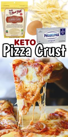 there is a piece of pizza with cheese on it and the words keto pizza crust