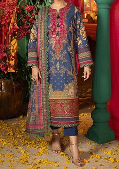 Festive Long Sleeve Jacquard Lawn Suit, Traditional Floral Print Formal Dress, Traditional Brocade Dress With Floral Embroidery, Unstitched Brocade Dress With Intricate Embroidery, Elegant Festive Jacquard Dress, Blue Jamawar Dress For Eid, Unstitched Brocade Dress In Elegant Style, Brocade Dress With Intricate Embroidery For Eid, Multicolor Jamawar Dresses For Eid