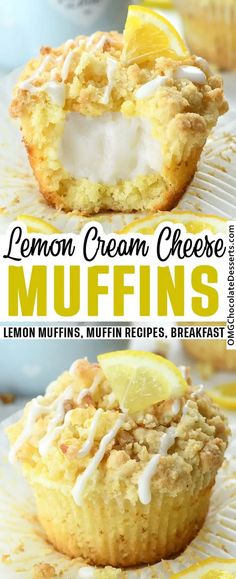 lemon cream cheese muffins on a white plate with the title in the middle