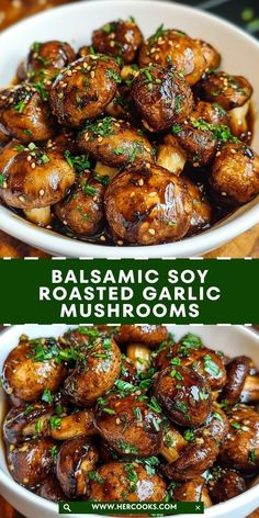 two bowls filled with mushrooms and garnished with parsley on the side, one is