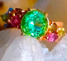 natural moldavite and multicolor tourmaline 925 silver sterling rose golden plate ring size 6 Luxury Multicolor Topaz Ring, Golden Plate, Beautiful Baubles, Rings Statement, Gift Registry, Or Rose, Tourmaline, Statement Rings, 925 Silver